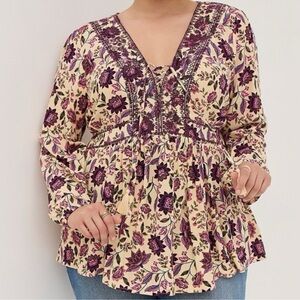 Floral V-Neck Blouse - Purple and Cream